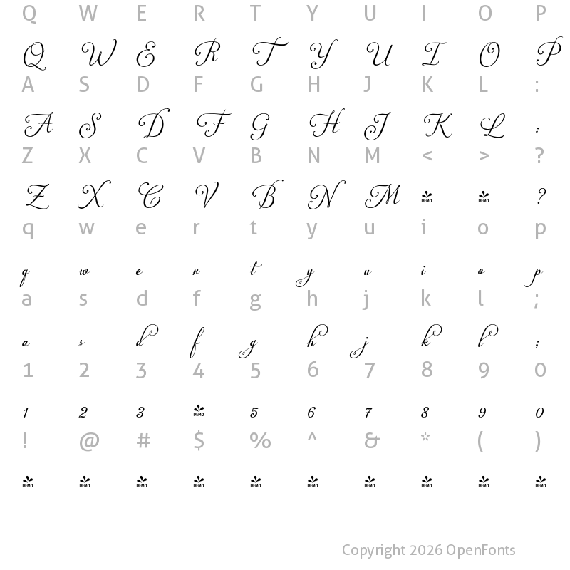 Character Map of FONTSPRING DEMO - Plebeya Swash 3 Regular