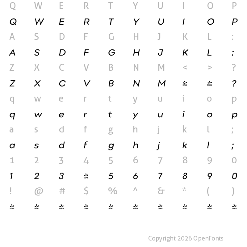 Character Map of FONTSPRING DEMO - Point Soft Italic
