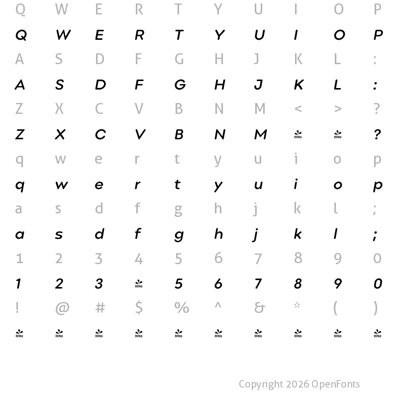 Character Map of FONTSPRING DEMO - Point Soft Semi Bold Italic
