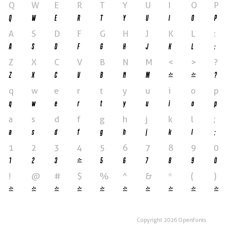 Character Map of FONTSPRING DEMO - Polate A1 Bold Italic