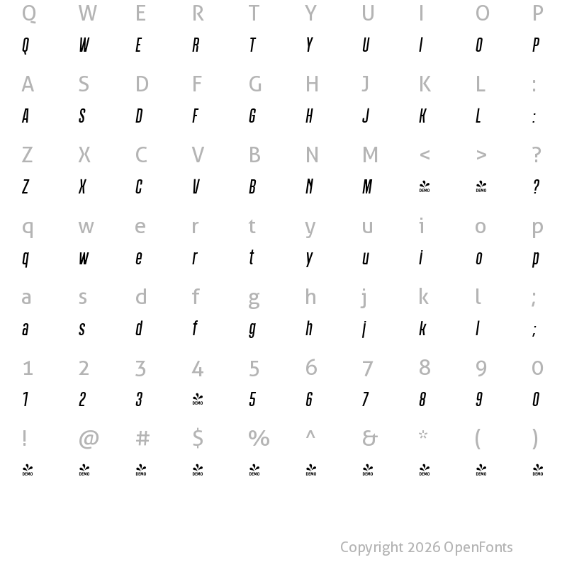 Character Map of FONTSPRING DEMO - Polate A1 Regular Italic