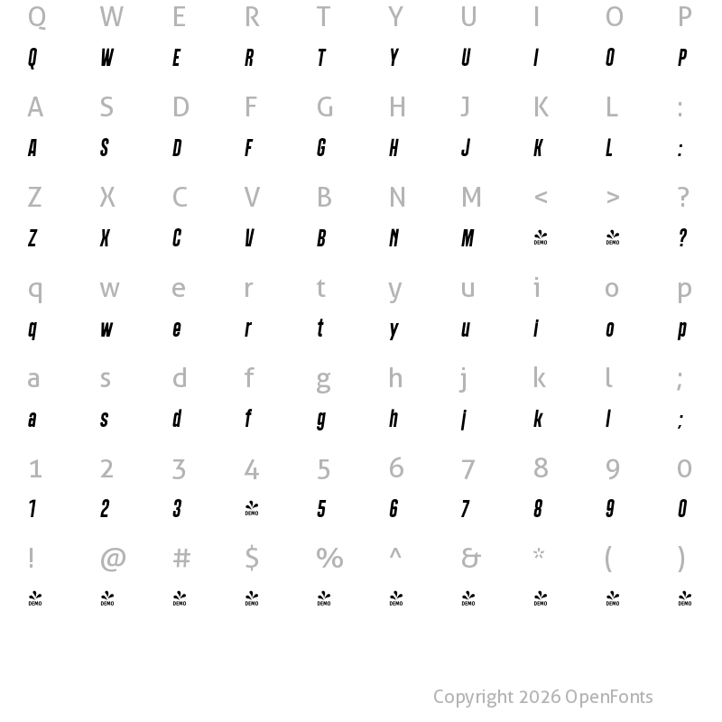 Character Map of FONTSPRING DEMO - Polate B2 Bold Italic