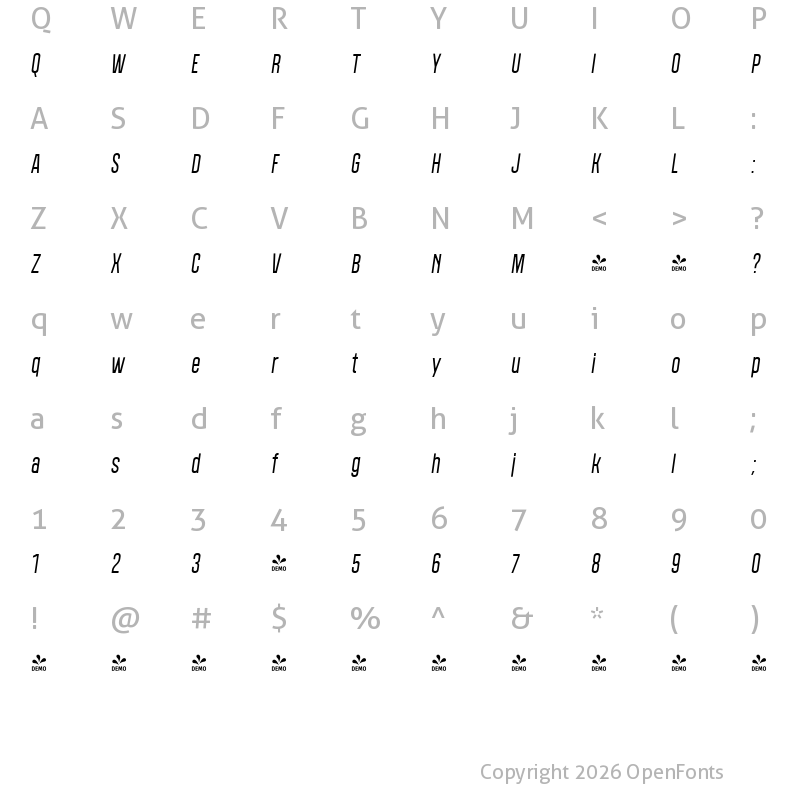 Character Map of FONTSPRING DEMO - Polate B2 SemiLight Italic