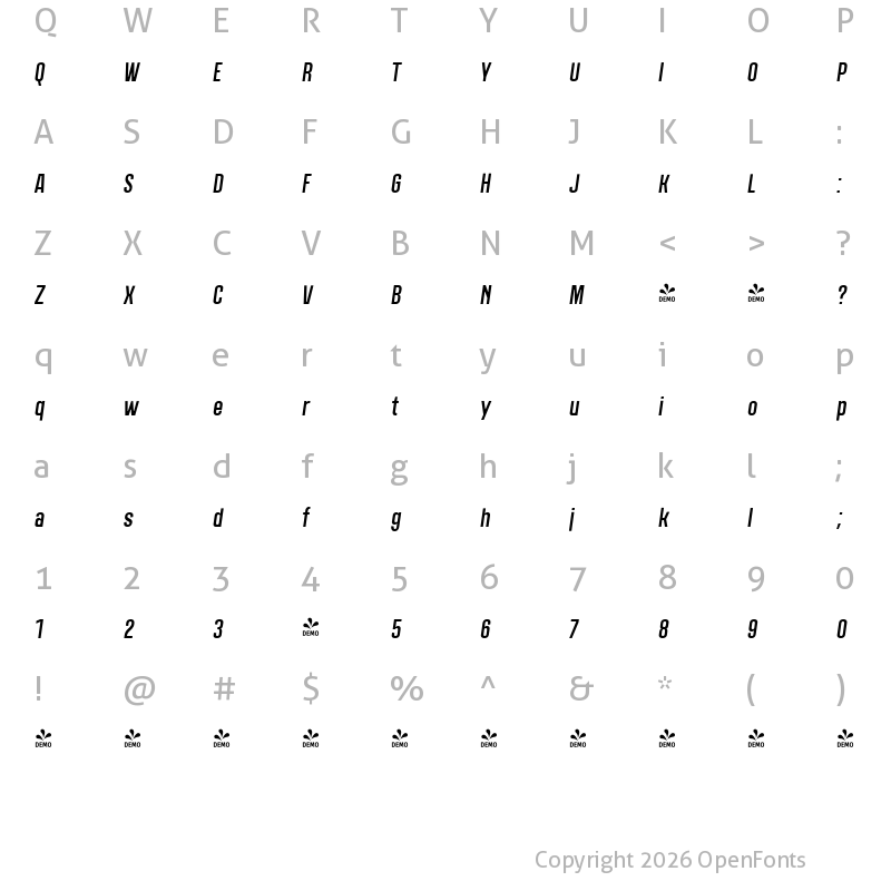 Character Map of FONTSPRING DEMO - Polate D4 Regular Italic