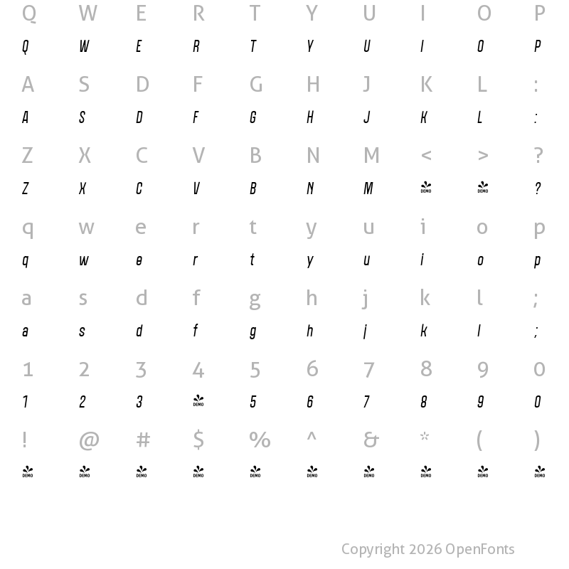 Character Map of FONTSPRING DEMO - Polate D4 SemiLight Italic