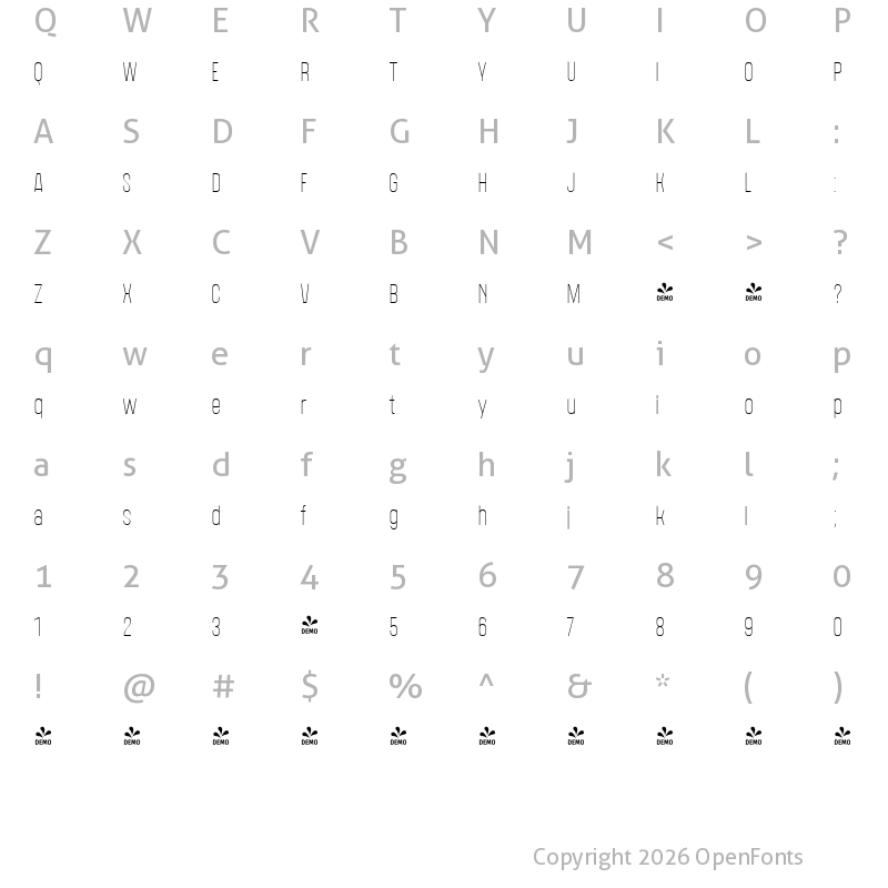 Character Map of FONTSPRING DEMO - Polate D4 Thin Regular