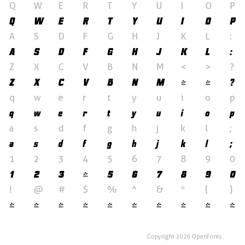 Character Map of FONTSPRING DEMO - Polyflec Bl Italic