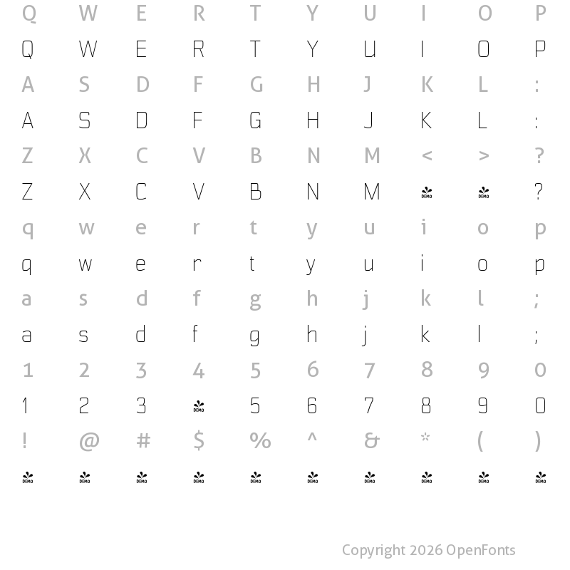Character Map of FONTSPRING DEMO - Polyflec Lt Regular