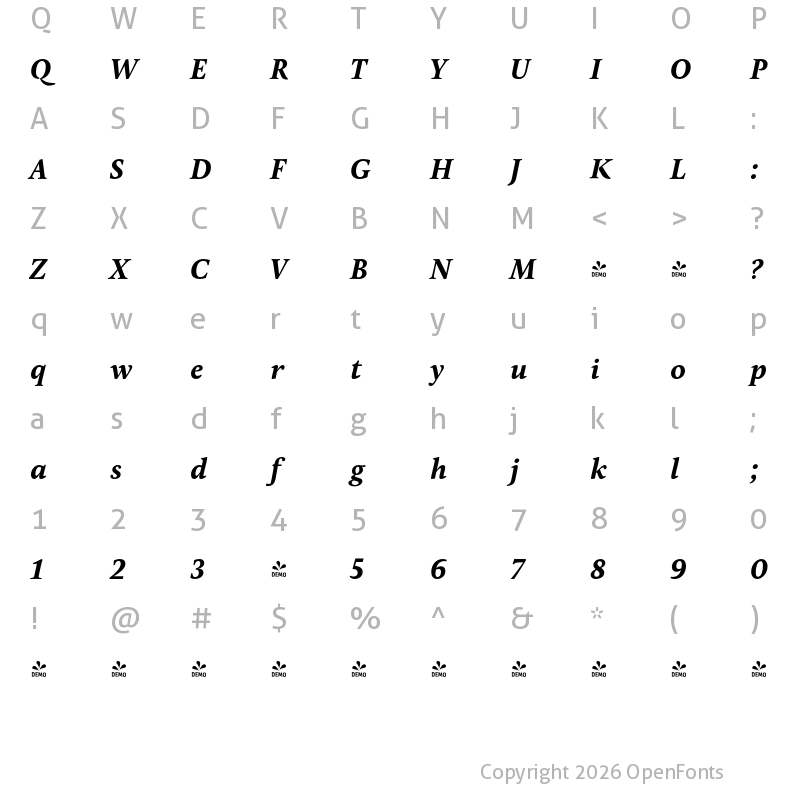 Character Map of FONTSPRING DEMO - Pona Bold Italic Regular
