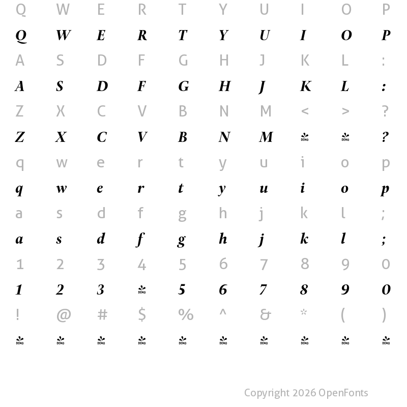 Character Map of FONTSPRING DEMO - Pona Display Bold Italic Regular