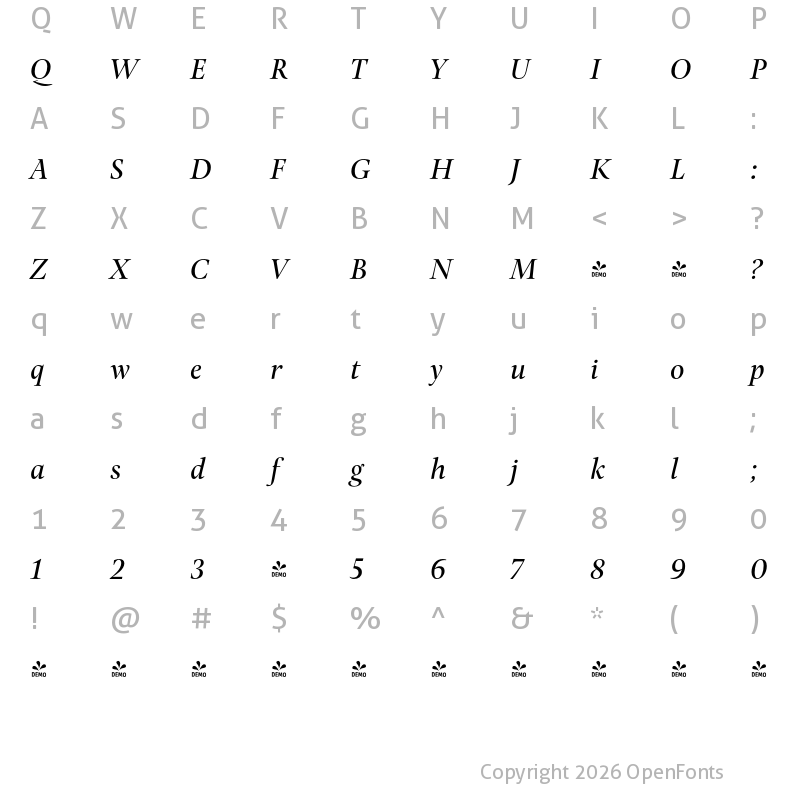 Character Map of FONTSPRING DEMO - Pona Display Medium Italic Regular