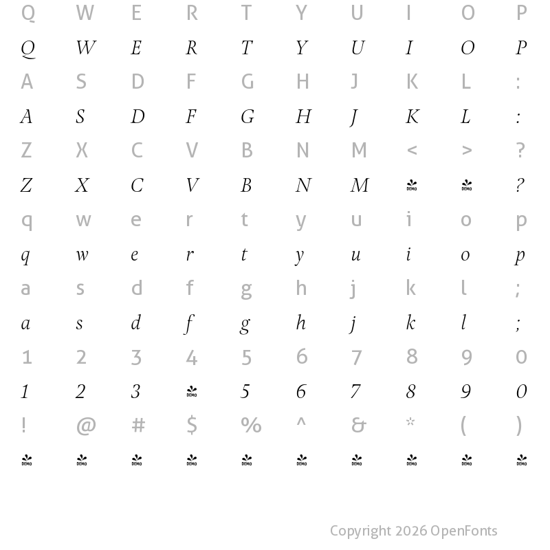 Character Map of FONTSPRING DEMO - Pona Display Thin Italic Regular