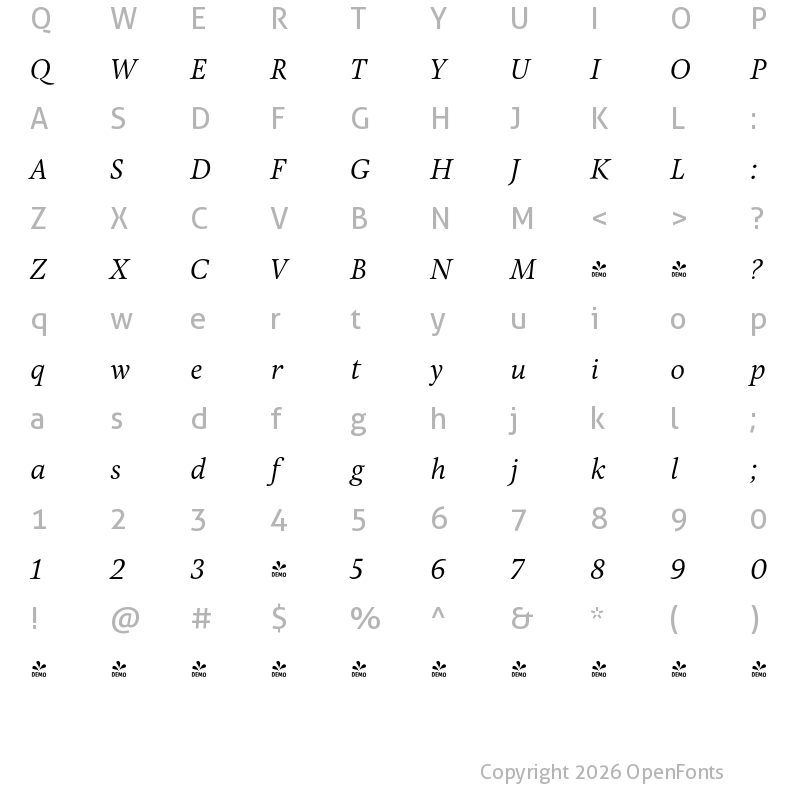 Character Map of FONTSPRING DEMO - Pona Light Italic Regular