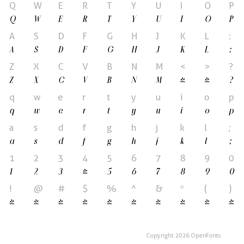 Character Map of FONTSPRING DEMO - Povetarac Didone Bold Italic Regular