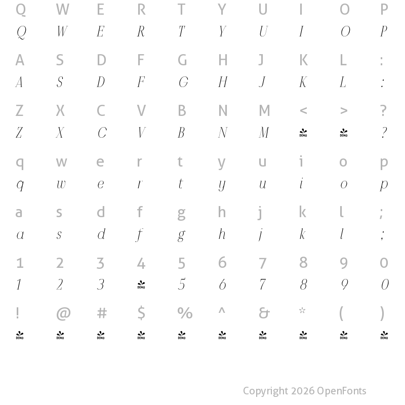 Character Map of FONTSPRING DEMO - Povetarac Didone Regular Italic Regular