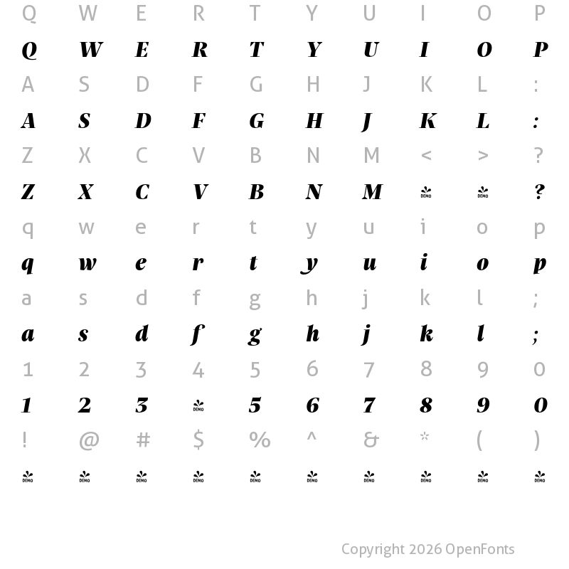 Character Map of FONTSPRING DEMO - Praho Pro ExtraBold Italic Regular