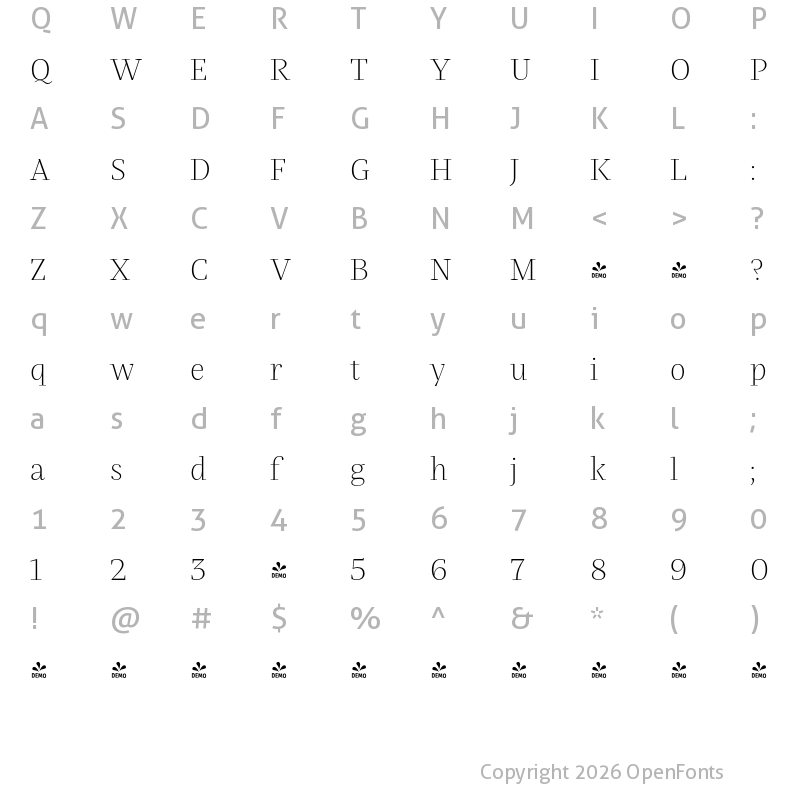 Character Map of FONTSPRING DEMO - Praho Pro ExtraLight Regular