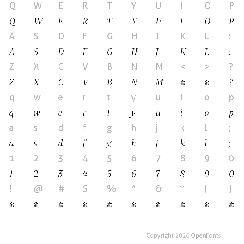 Character Map of FONTSPRING DEMO - Praho Pro Light Italic Regular