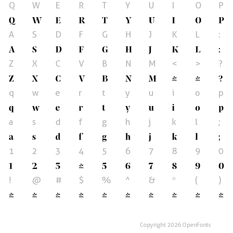 Character Map of FONTSPRING DEMO - Praho Pro Stencil Bold Regular