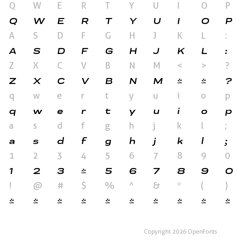 Character Map of FONTSPRING DEMO - Praktika Bold Ext Italic Regular