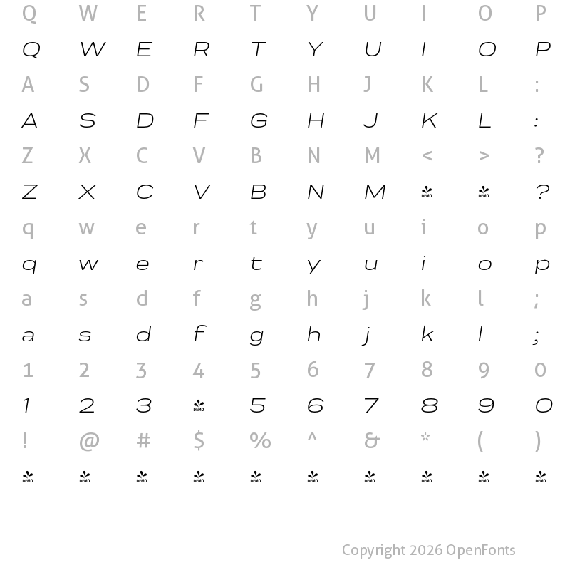 Character Map of FONTSPRING DEMO - Praktika Ext Italic Regular