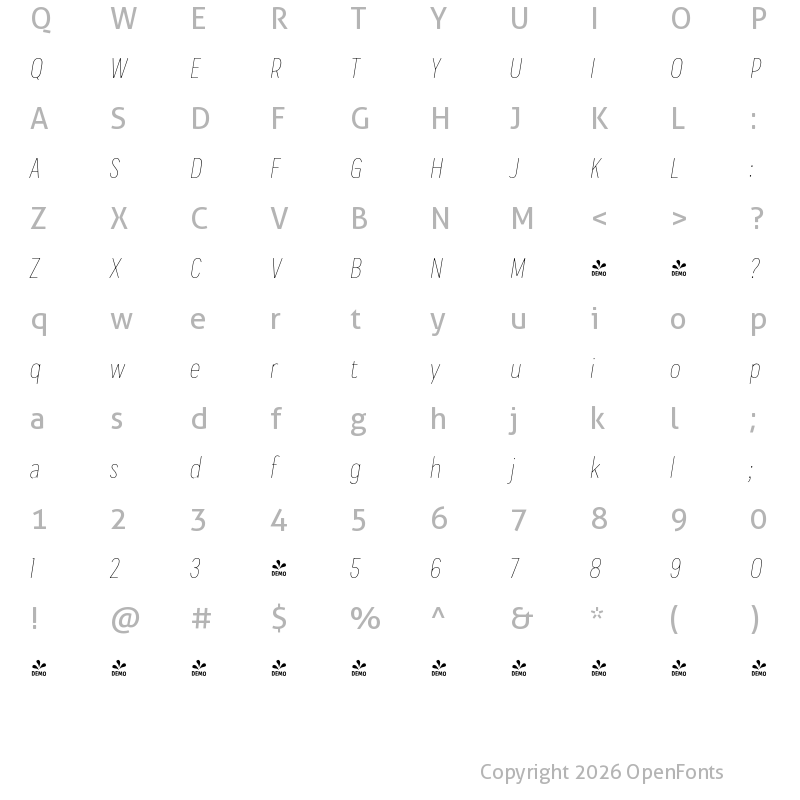 Character Map of FONTSPRING DEMO - Praktika Rnd ExtraLight Cnd Ita Regular
