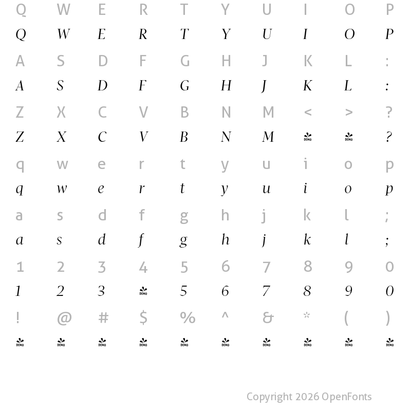 Character Map of FONTSPRING DEMO - Pratt Nova Fine Regular Italic Regular