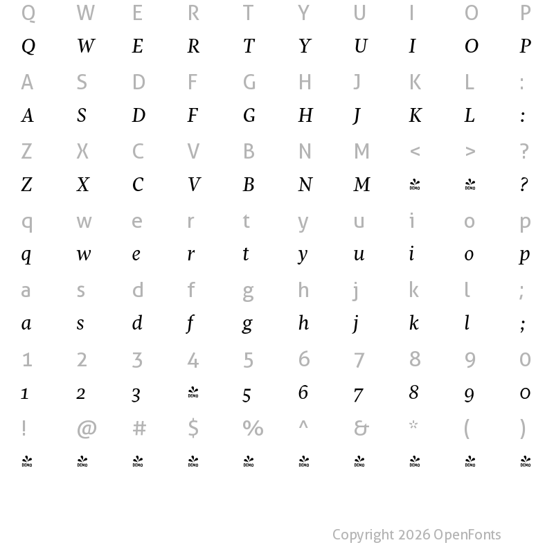 Character Map of FONTSPRING DEMO - Pratt Nova Text Regular Italic Regular