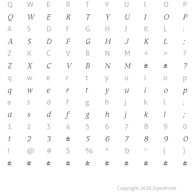 Character Map of FONTSPRING DEMO - Prelom Light Italic Regular