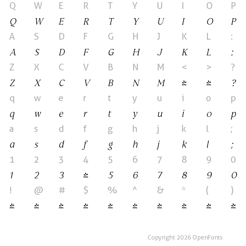 Character Map of FONTSPRING DEMO - Prelom Regular Italic Regular