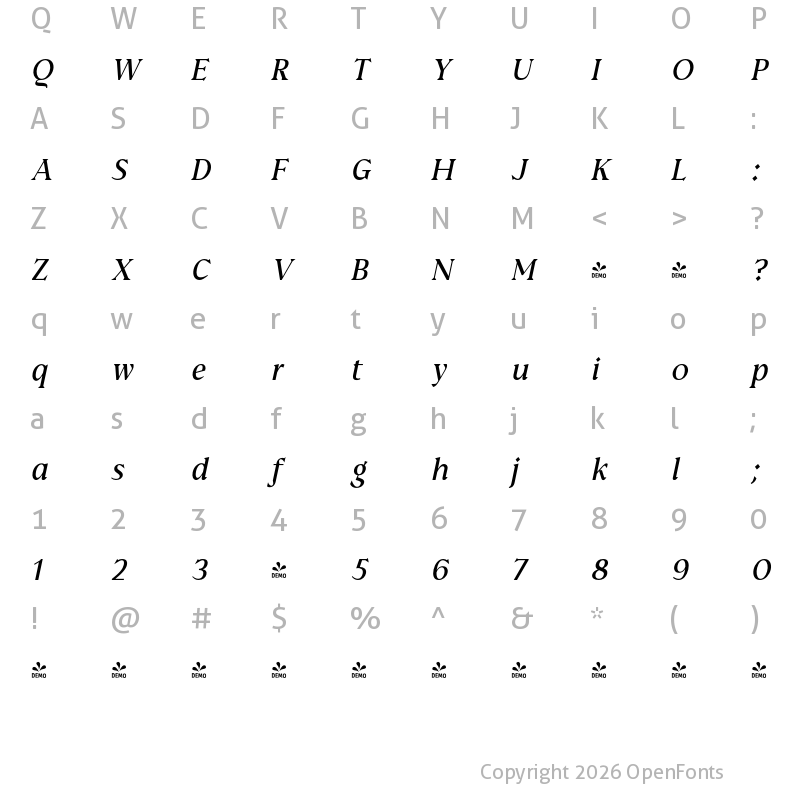 Character Map of FONTSPRING DEMO - Prelom SemiBold Italic Regular