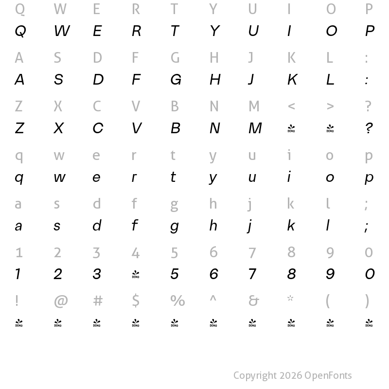 Character Map of FONTSPRING DEMO - Premis Semilight Italic Regular