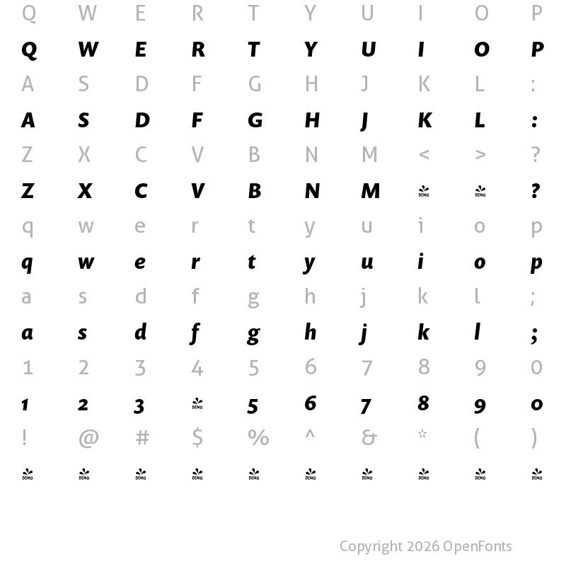 Character Map of FONTSPRING DEMO - Prenton RP Pro Bold Italic