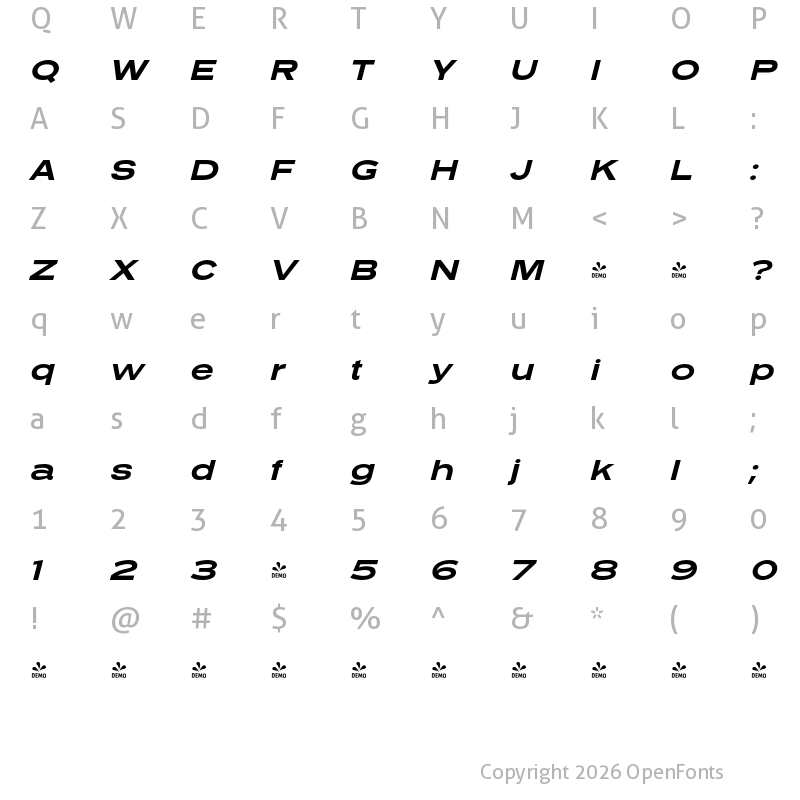 Character Map of FONTSPRING DEMO - Presicav Rg Bold Italic
