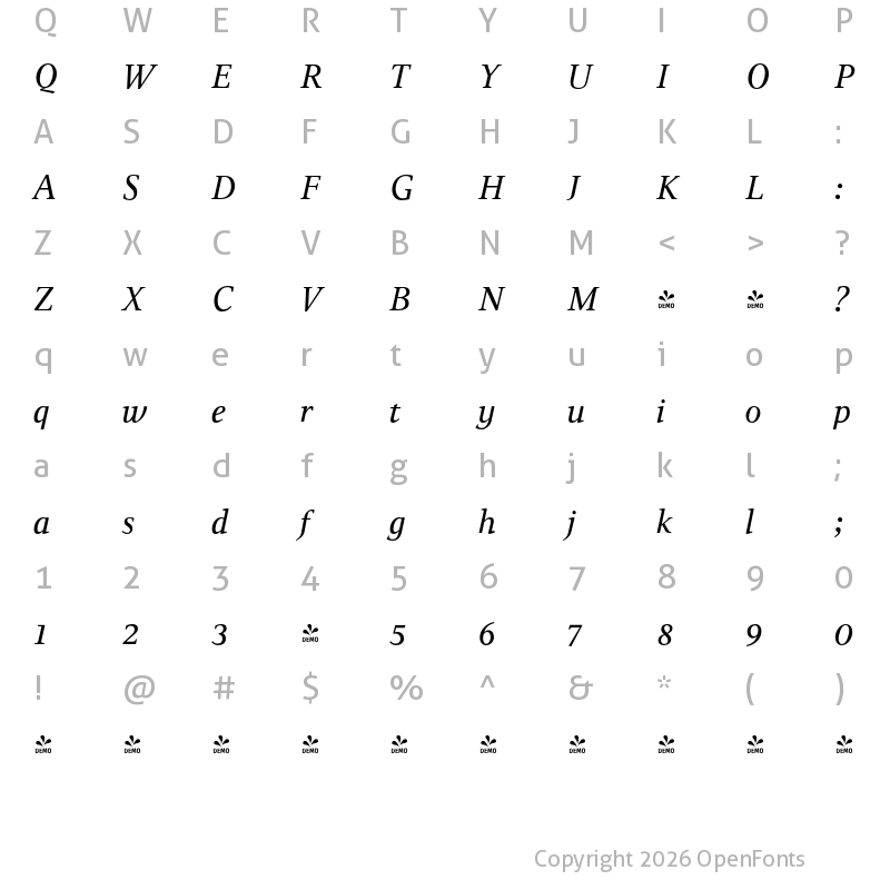 Character Map of FONTSPRING DEMO - Pressroom Italic
