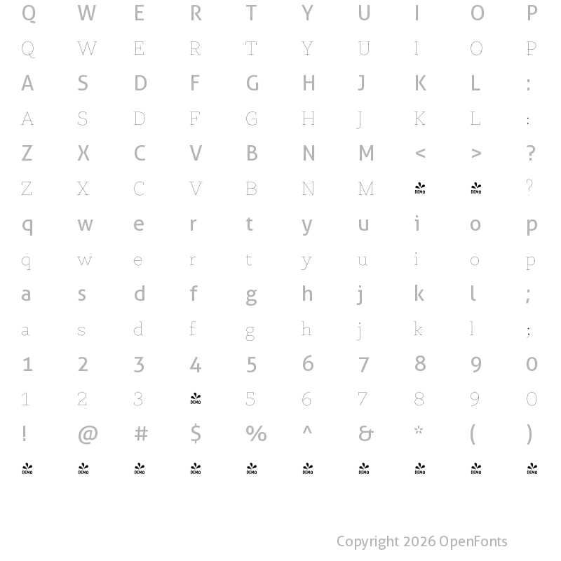 Character Map of FONTSPRING DEMO - PretAPorter Slab Extra Light Regular