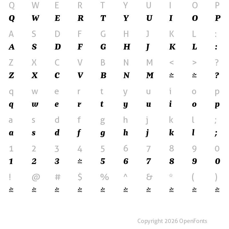 Character Map of FONTSPRING DEMO - Preto Serif Black Italic