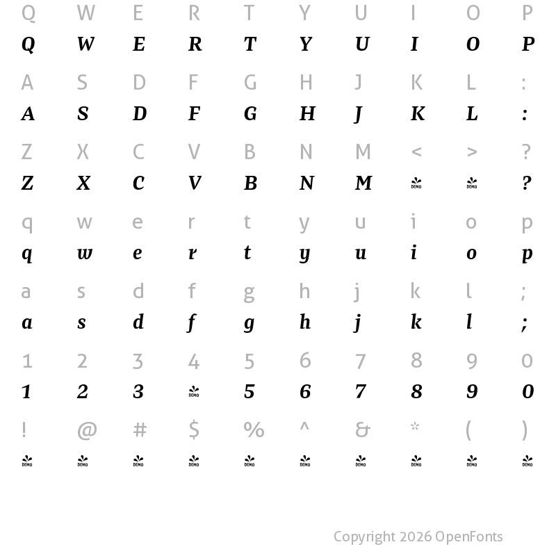 Character Map of FONTSPRING DEMO - Preto Serif Bold Italic