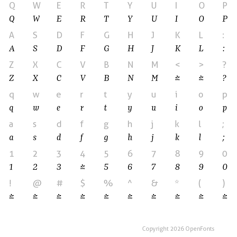 Character Map of FONTSPRING DEMO - Preto Serif Regular Italic