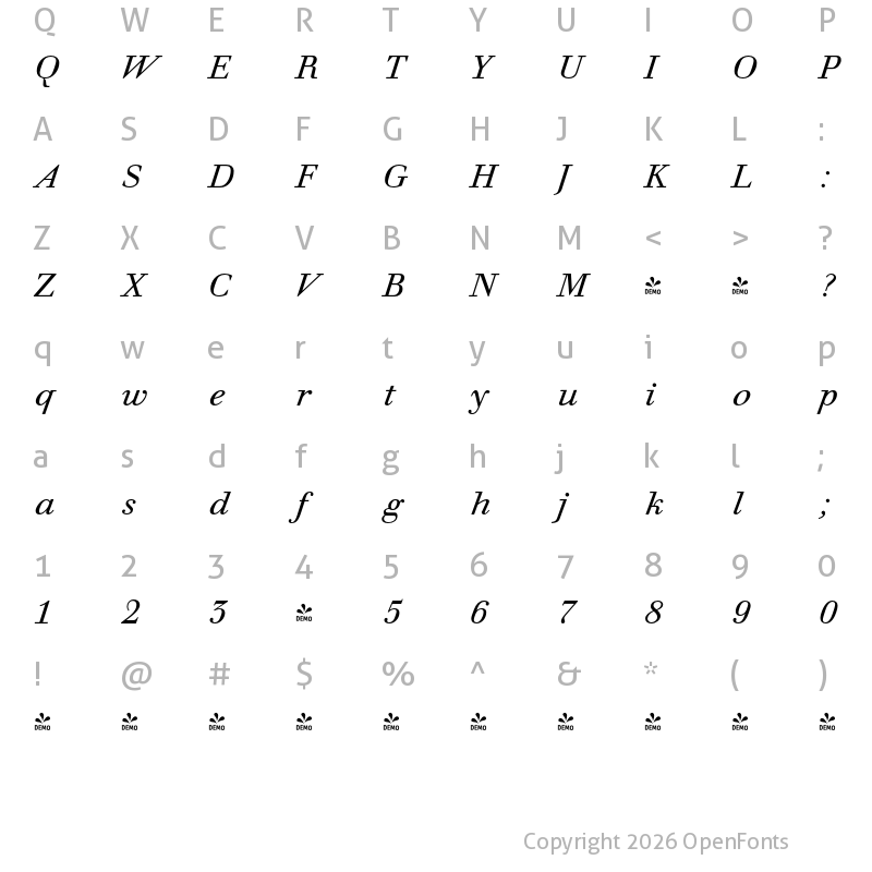 Character Map of FONTSPRING DEMO - Prillwitz Press PRO Italic