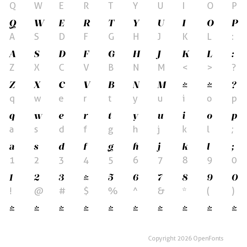 Character Map of FONTSPRING DEMO - Princesa Alt Bold Italic Regular