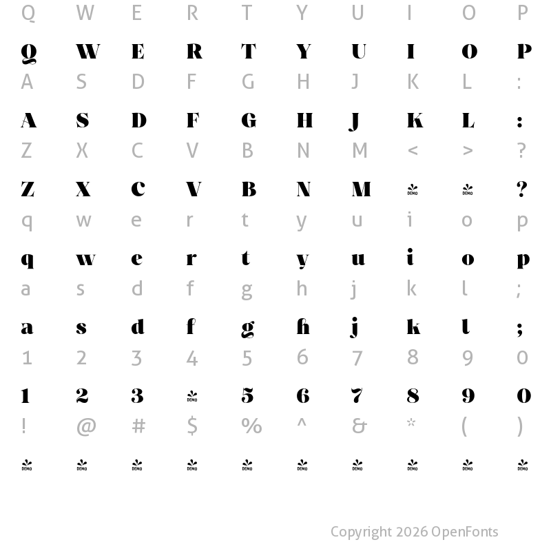 Character Map of FONTSPRING DEMO - Princesa Alt Heavy Regular