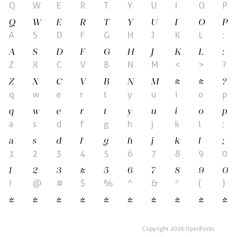 Character Map of FONTSPRING DEMO - Princesa Alt Italic Regular