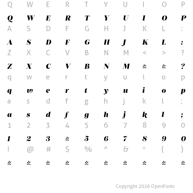 Character Map of FONTSPRING DEMO - Princesa Black Italic Regular