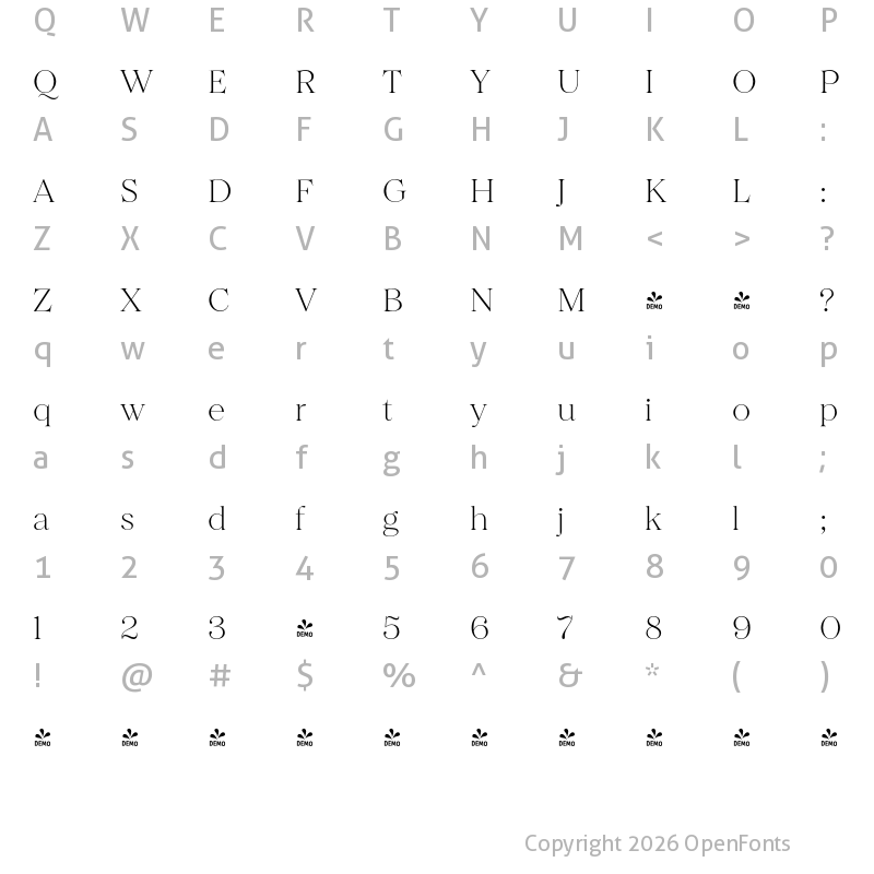 Character Map of FONTSPRING DEMO - Princesa ExtraLight Regular
