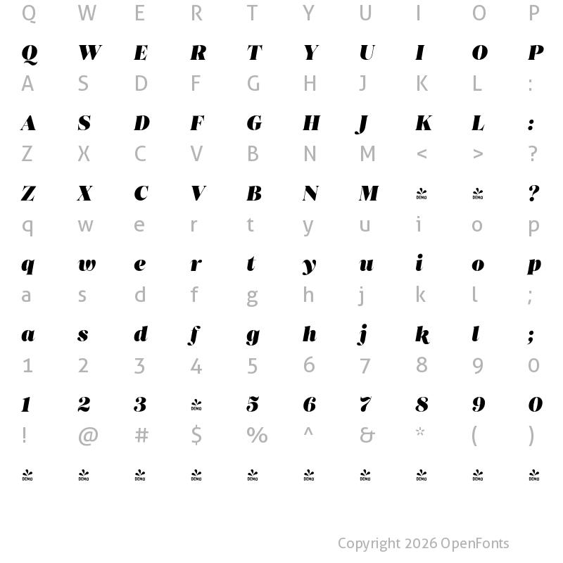 Character Map of FONTSPRING DEMO - Princesa Heavy Italic Regular