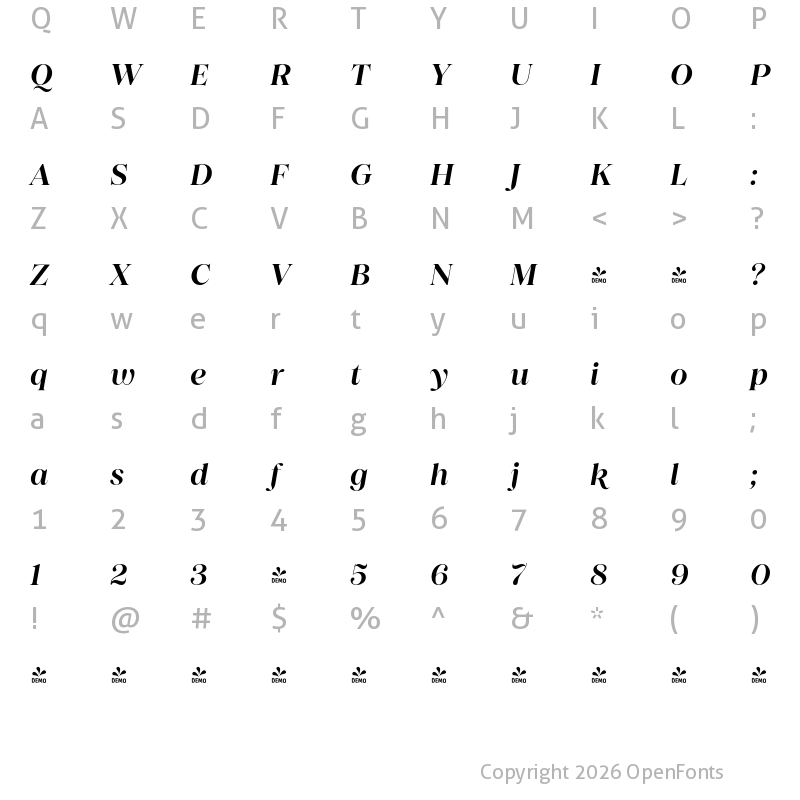 Character Map of FONTSPRING DEMO - Princesa SemiBold Italic Regular