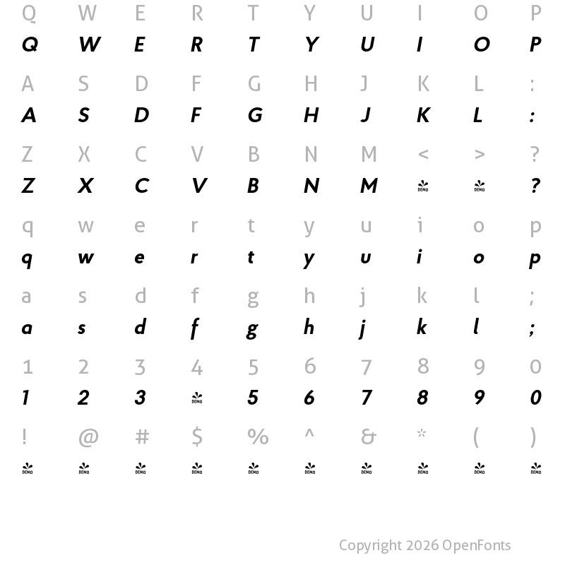 Character Map of FONTSPRING DEMO - Proba Pro Bold Italic