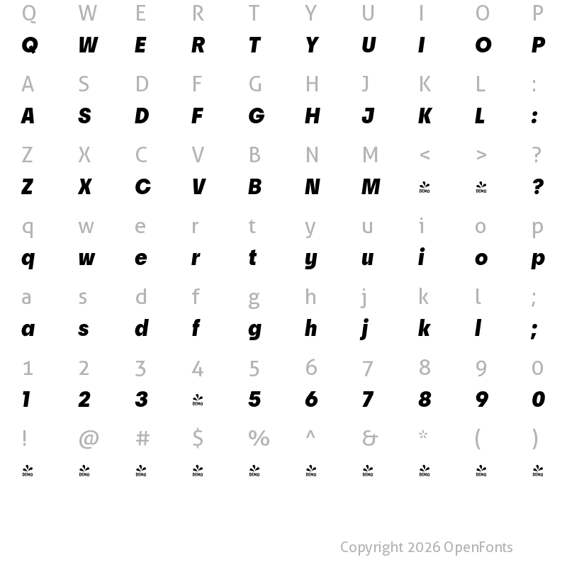 Character Map of FONTSPRING DEMO - Prosa Black Italic