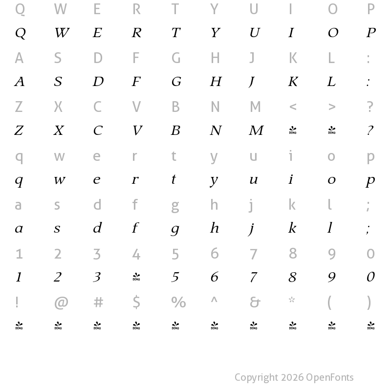 Character Map of FONTSPRING DEMO - Prospect Italic